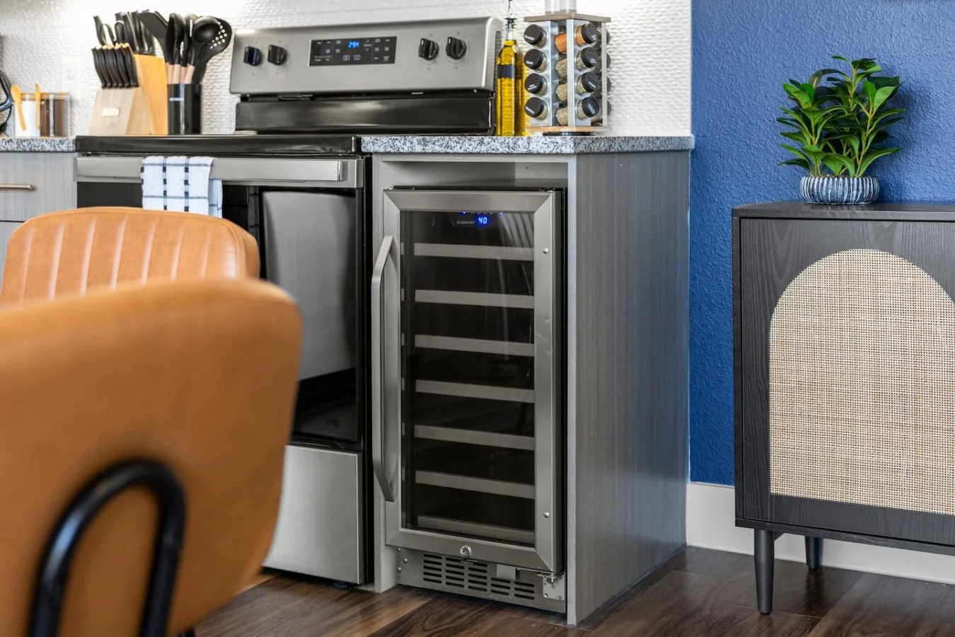 As you approach kitchen the elegant layout and well-stocked shelves make it the ideal spot to relax.