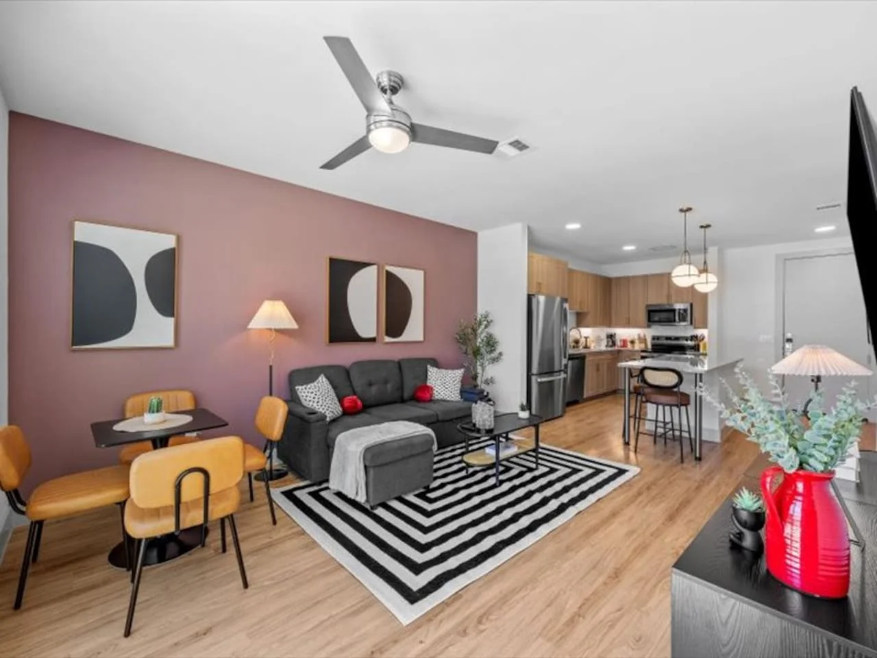 Spacious living room with stylish decor, perfect for unwinding after a day of exploring the local area.