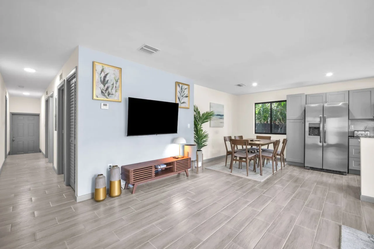 Entertainment setup with a mounted TV.