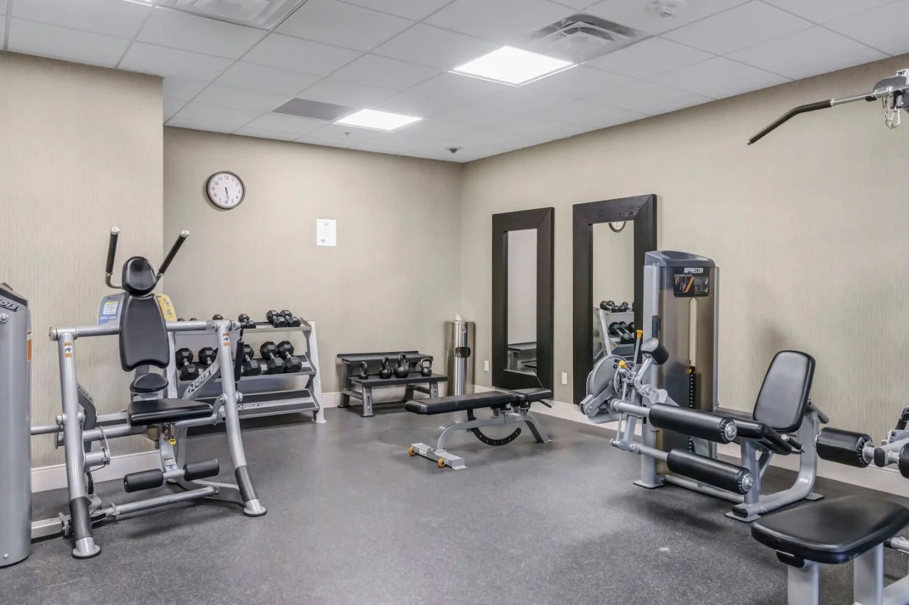Spacious, well-lit gym equipped with a variety of cardio machines, free weights, and strength-training equipment.