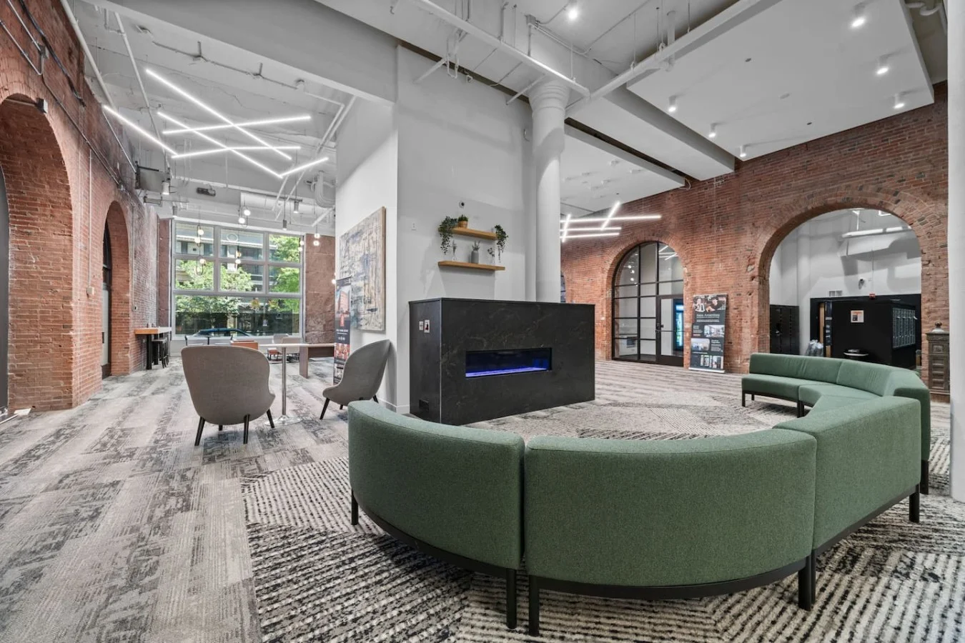 Enjoy the thoughtfully designed lounge areas in the entrance area of this historical building