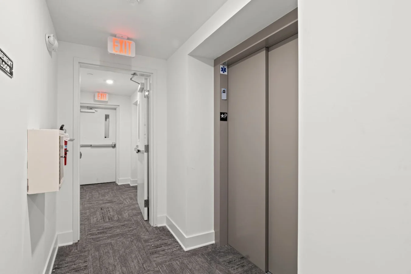 Building Hallway, Fire Exit, and Elevator