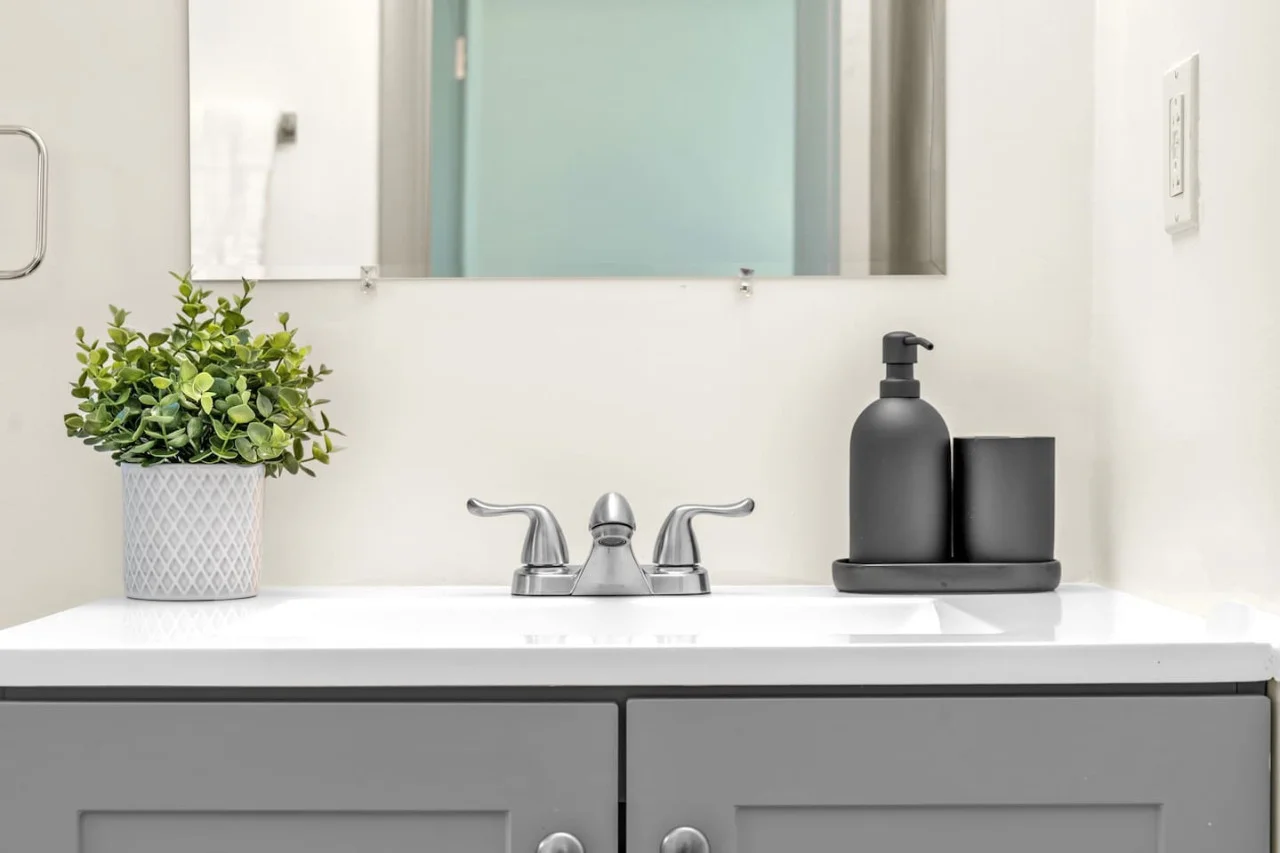 Close up of vanity and sink.