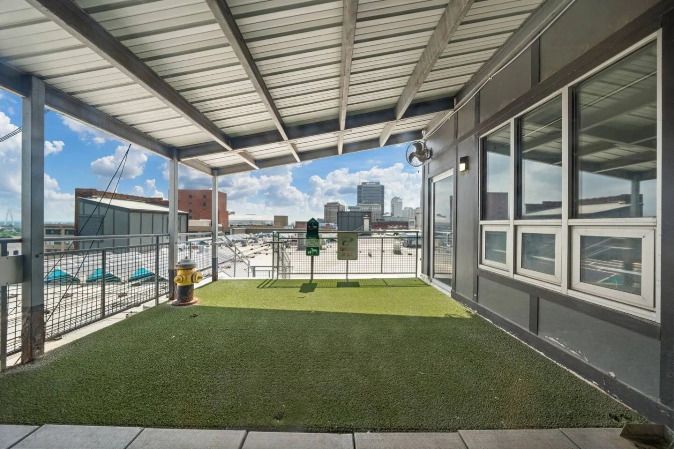 Rooftop dog park for service animals.