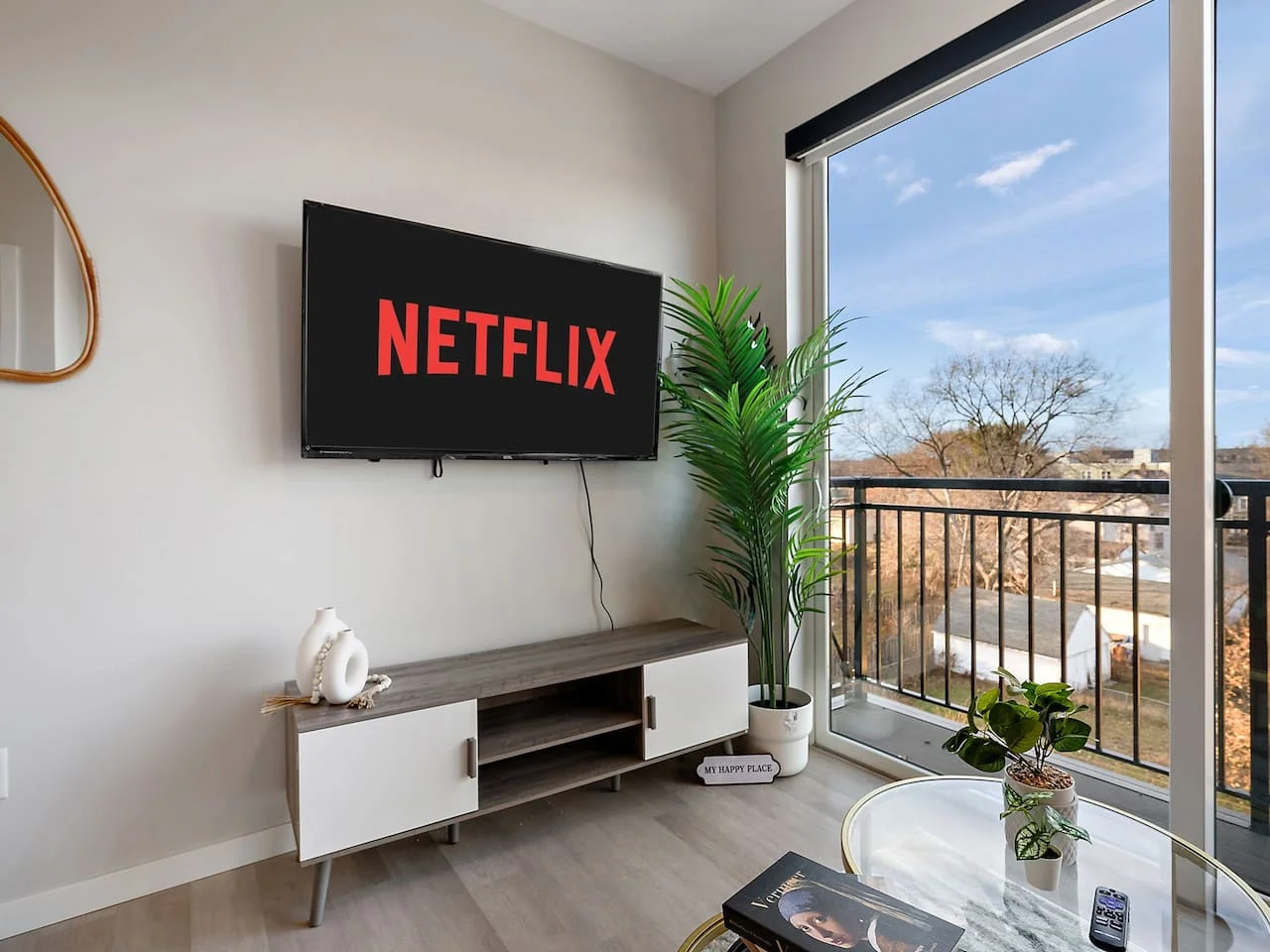 Relax in the living room and watch your favorite shows, lounging is a great way to unwind after a long day.