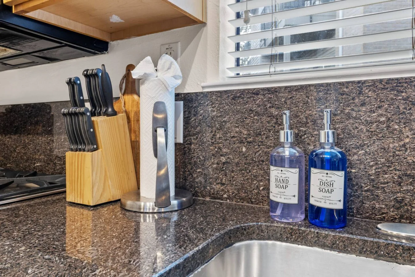Clean countertops with essentials thoughtfully provided