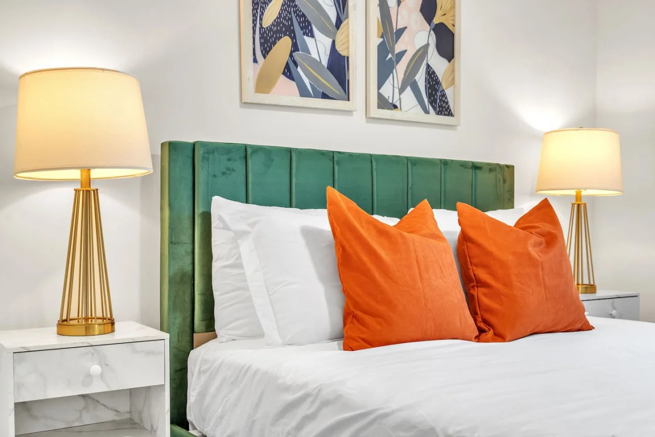 Spacious bedroom with stylish decor, perfect for unwinding after a day of exploring the local area.