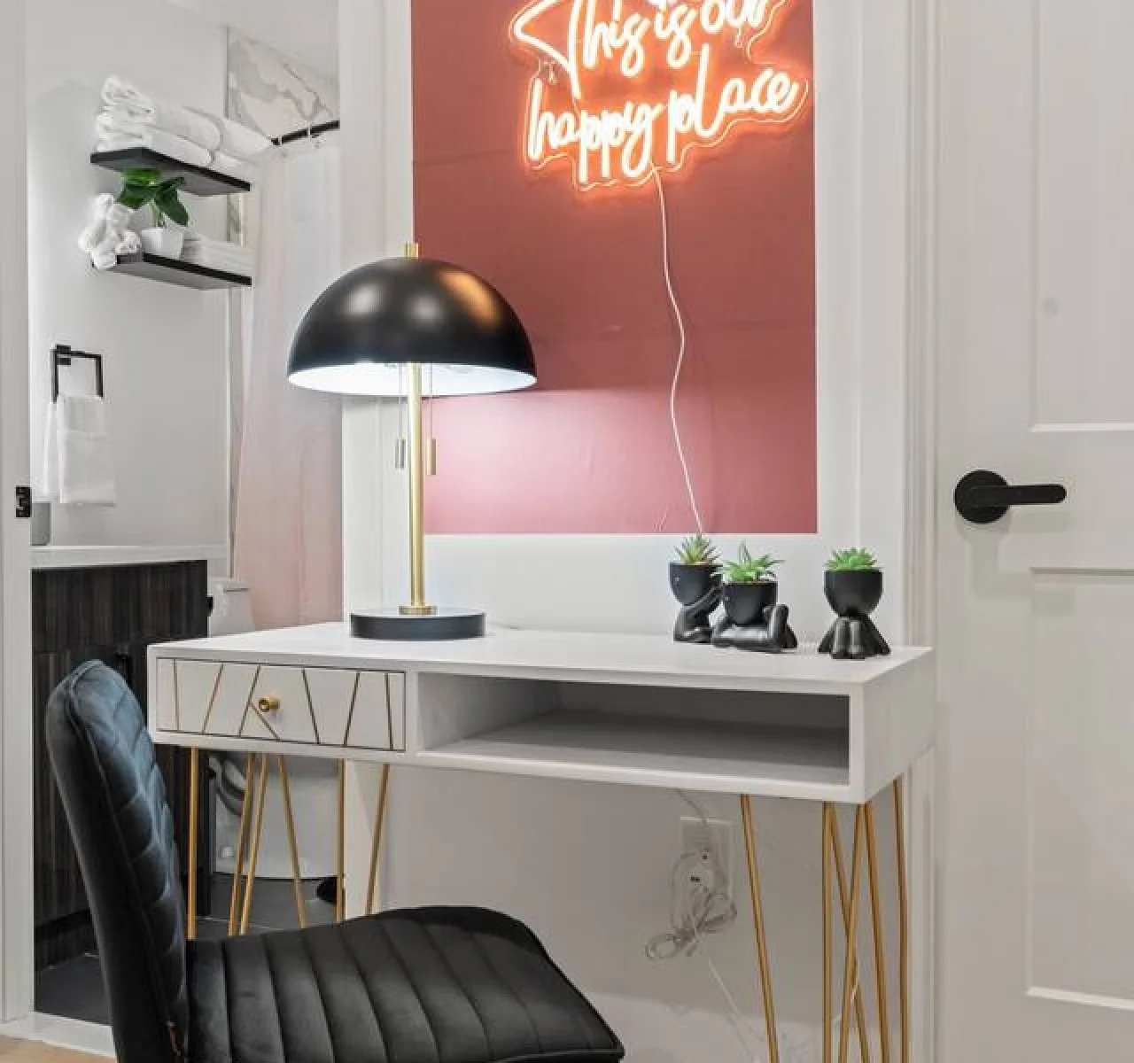This cozy workspace area is perfect for productivity. Enjoy natural light, a comfortable chair, and a stylish desk setup. Ideal for work-from-home needs or planning your Dallas adventures.