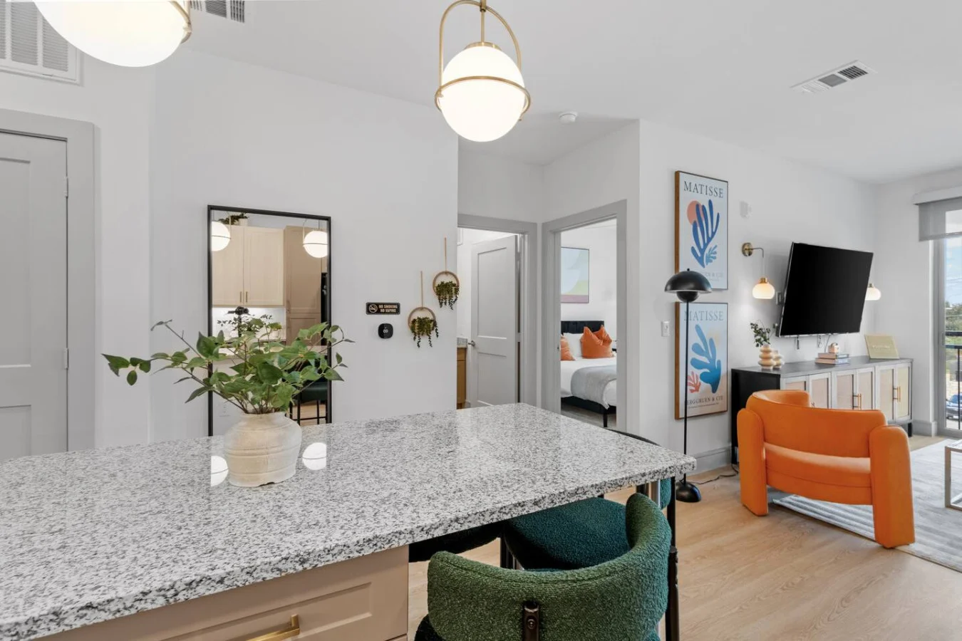 Open, airy layout with modern décor and a chic entertainment setup—ideal for entertaining and unwinding.