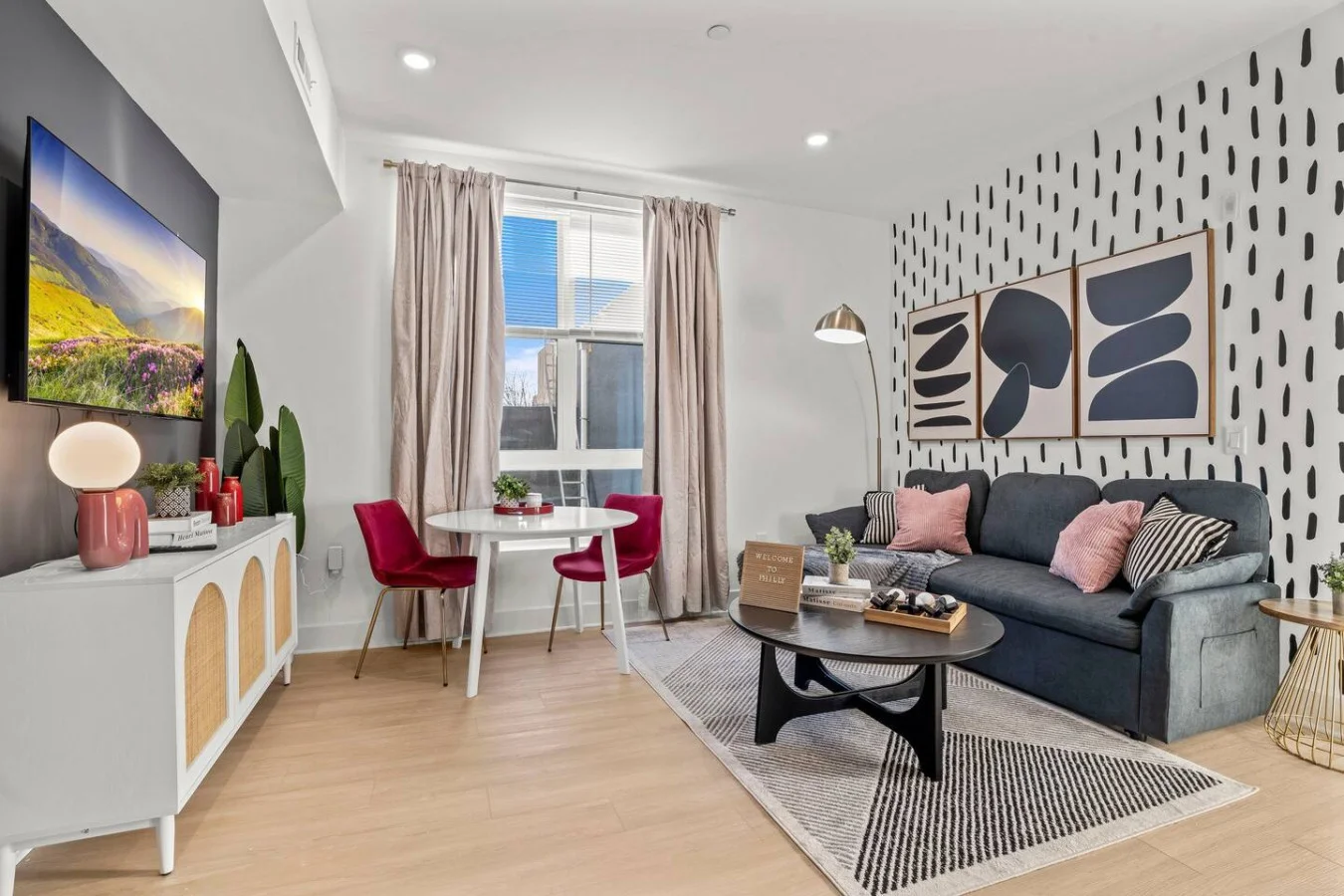 Cozy living room equipped with a sofa bed that sleeps up to 2 people + a 55" Smart TV that can be used for your favourite streaming services