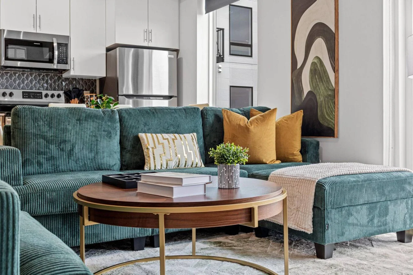 Spacious living room with a modern convertible Sofa bed to enjoy movie nights and accommodate more guests to sleep