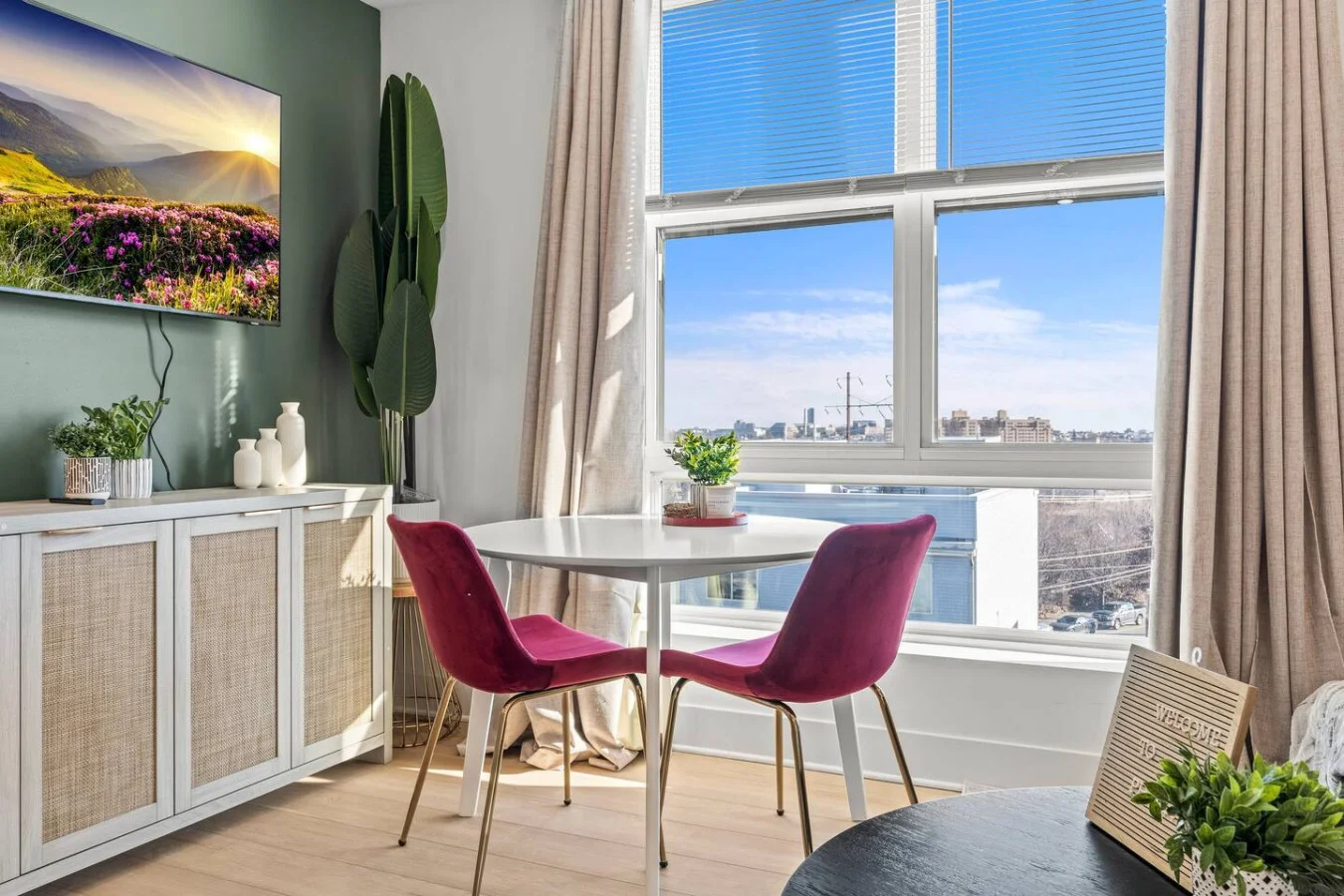 You feel a sense of peace as you step into the living room , with its inviting decor and soothing tones.