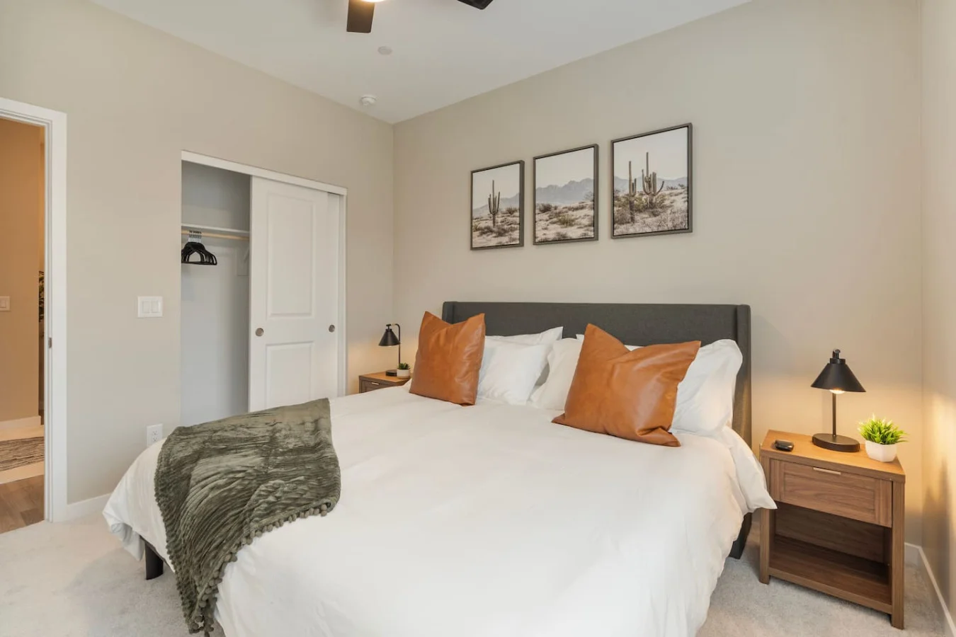 The bedroom’s serene ambiance invites you to relax, with a plush bed that promises a restful night's sleep.