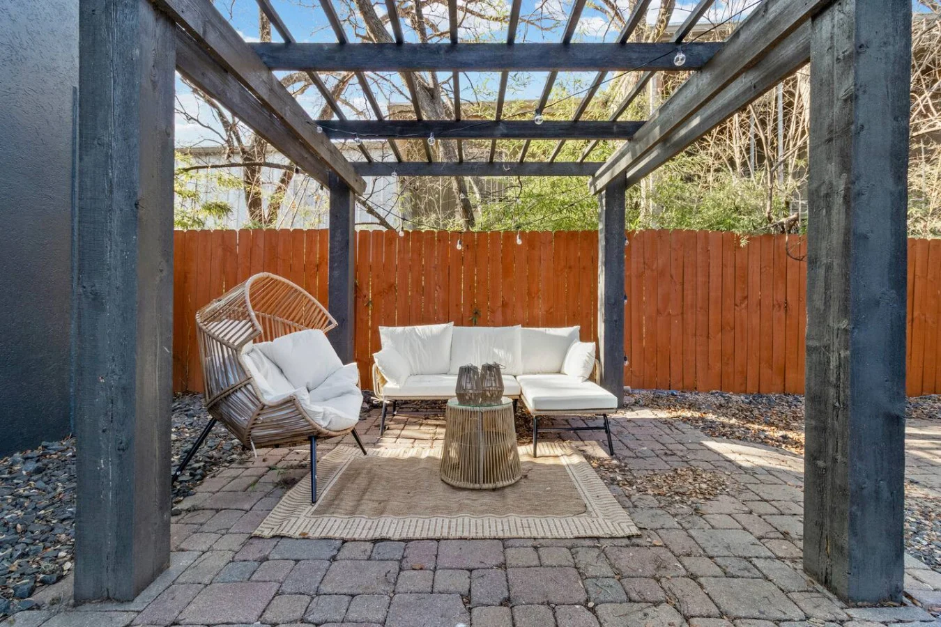 Shared outdoor lounge with shaded seating