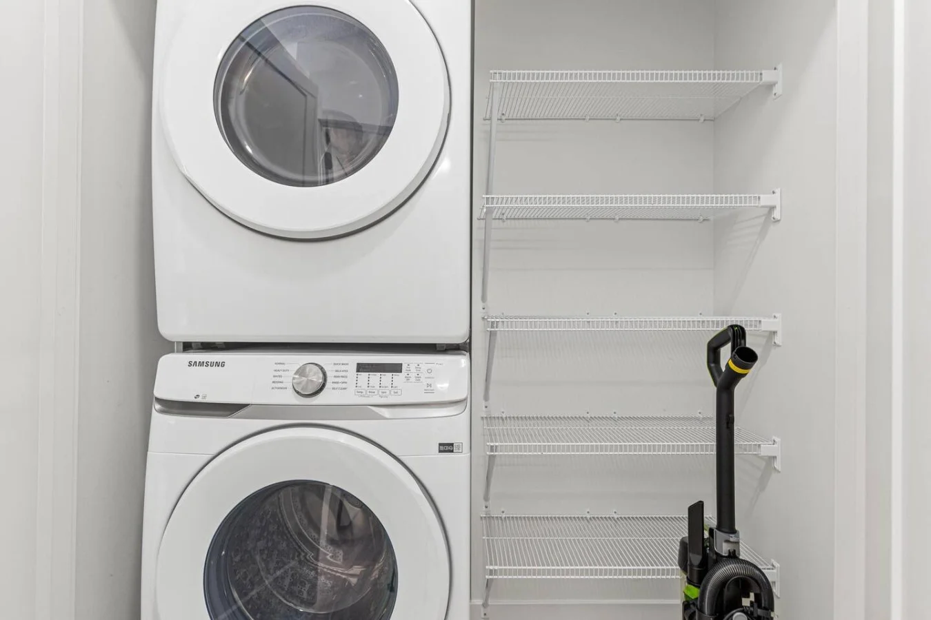 Keep your space spotless with in-unit laundry, storage shelves, and cleaning essentials.