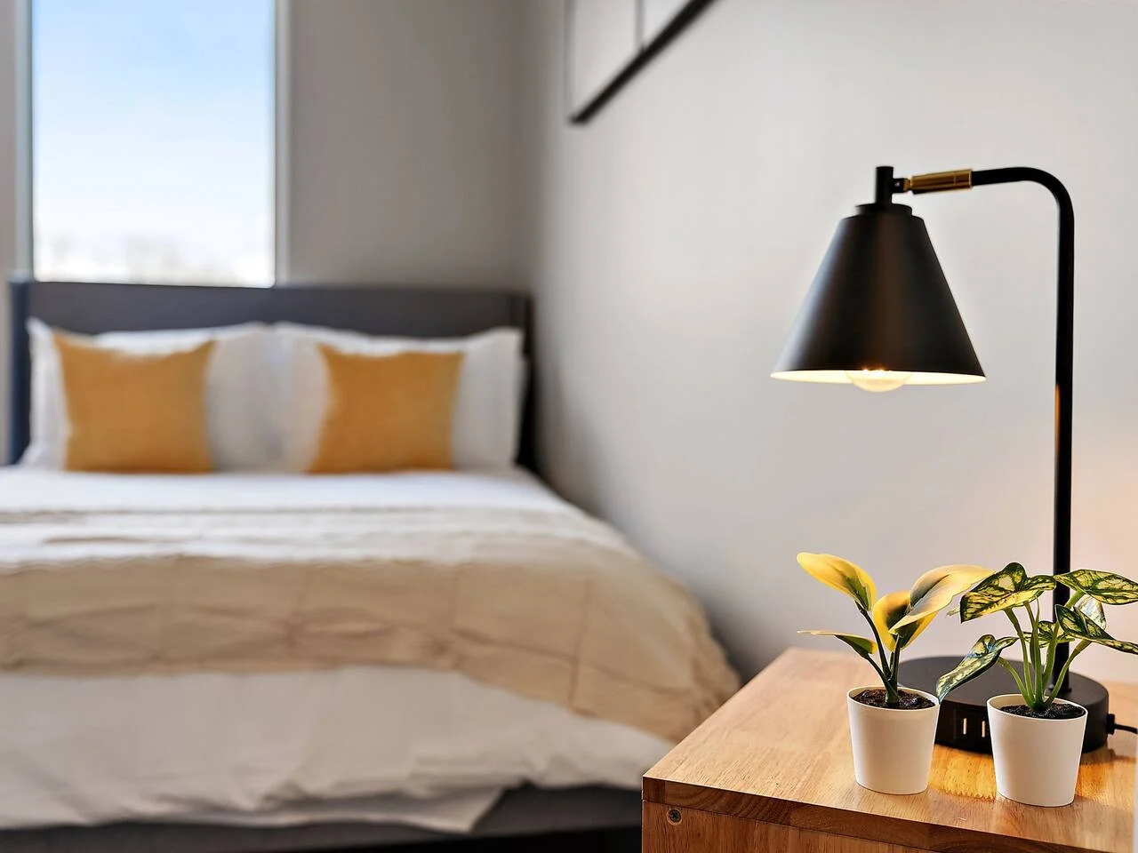 The bedroom’s serene ambiance invites you to relax, with a plush bed that promises a restful night's sleep.