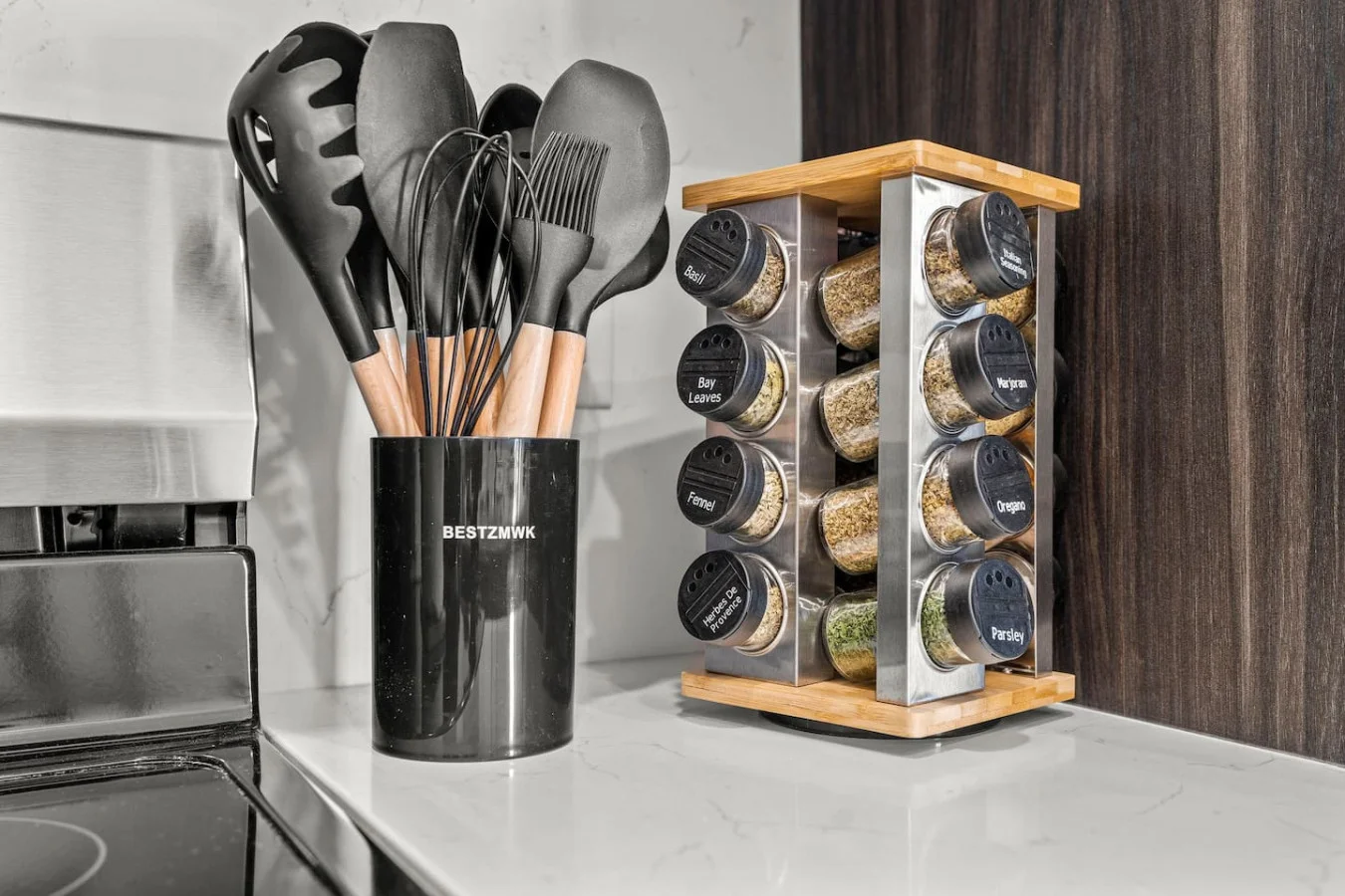 Complete kitchen utensils and spices - ready for you to cook a gourmet meal!