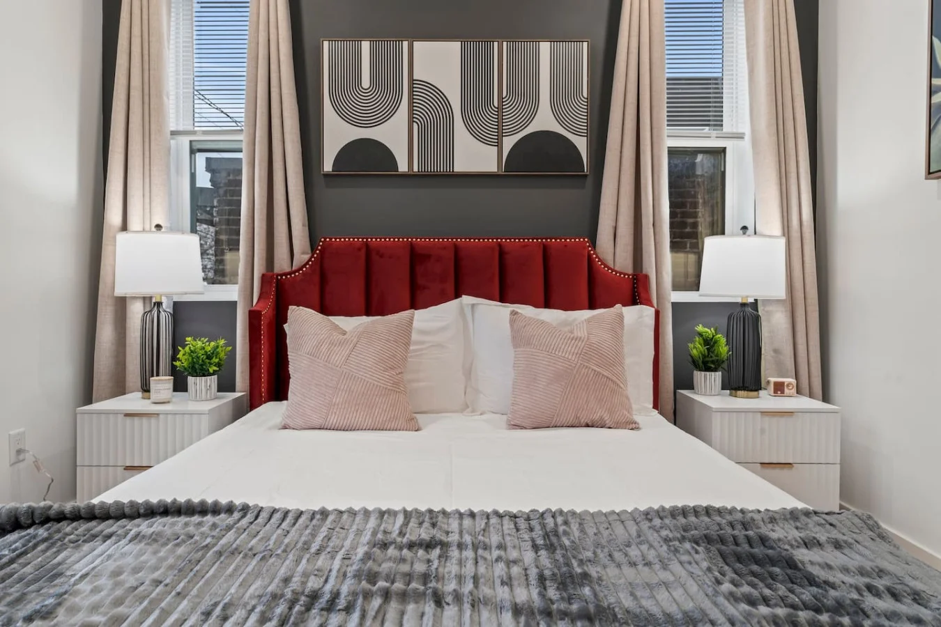 Luxurious Queen Bed with Side Tables & Night Lights. Blinds & Blackout Drapes to ensure a restful sleep