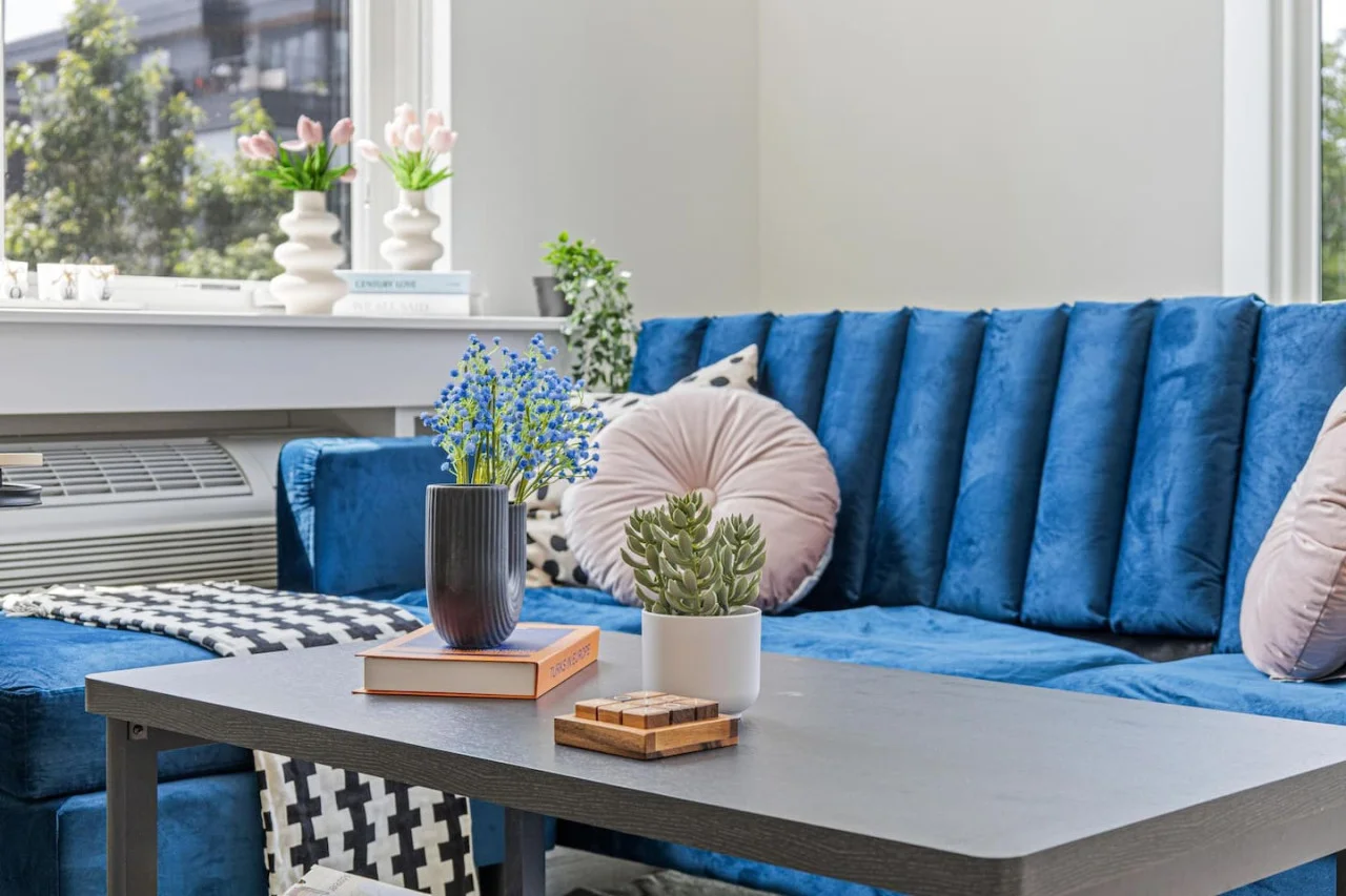 Living room w/ Couch - Coffee table - Throw pillows & Blanket - Decorative Vase - Books.