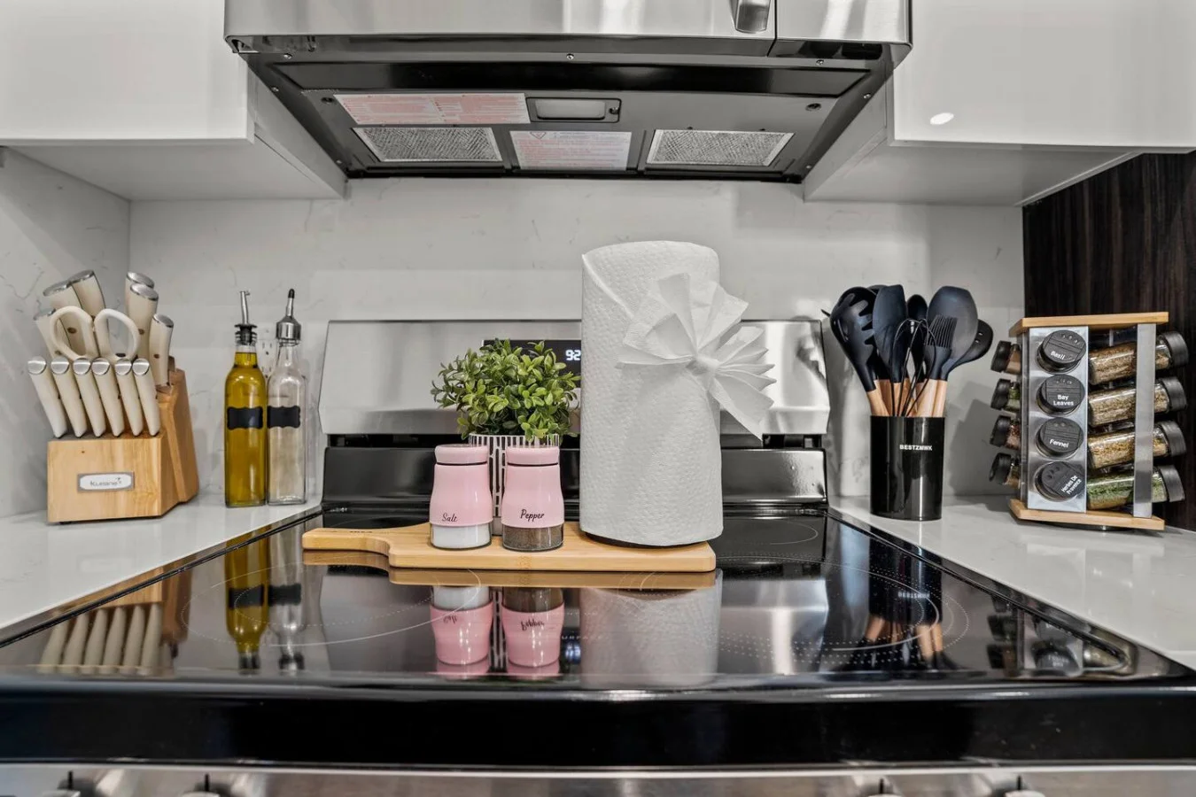 Cooking Essentials including Salt, Pepper, Oil & Spices. Full set of Cooking Utensils.