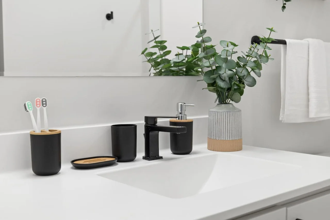 Bathroom sink - Soap dispenser - Tooth brush holder - Towels - Decorative plant