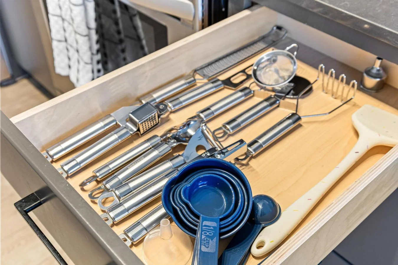 Kitchen cabinets stocked with cooking wares, glassware and silverwares, ideal for mixing up your favorite meals and drinks during your stay.