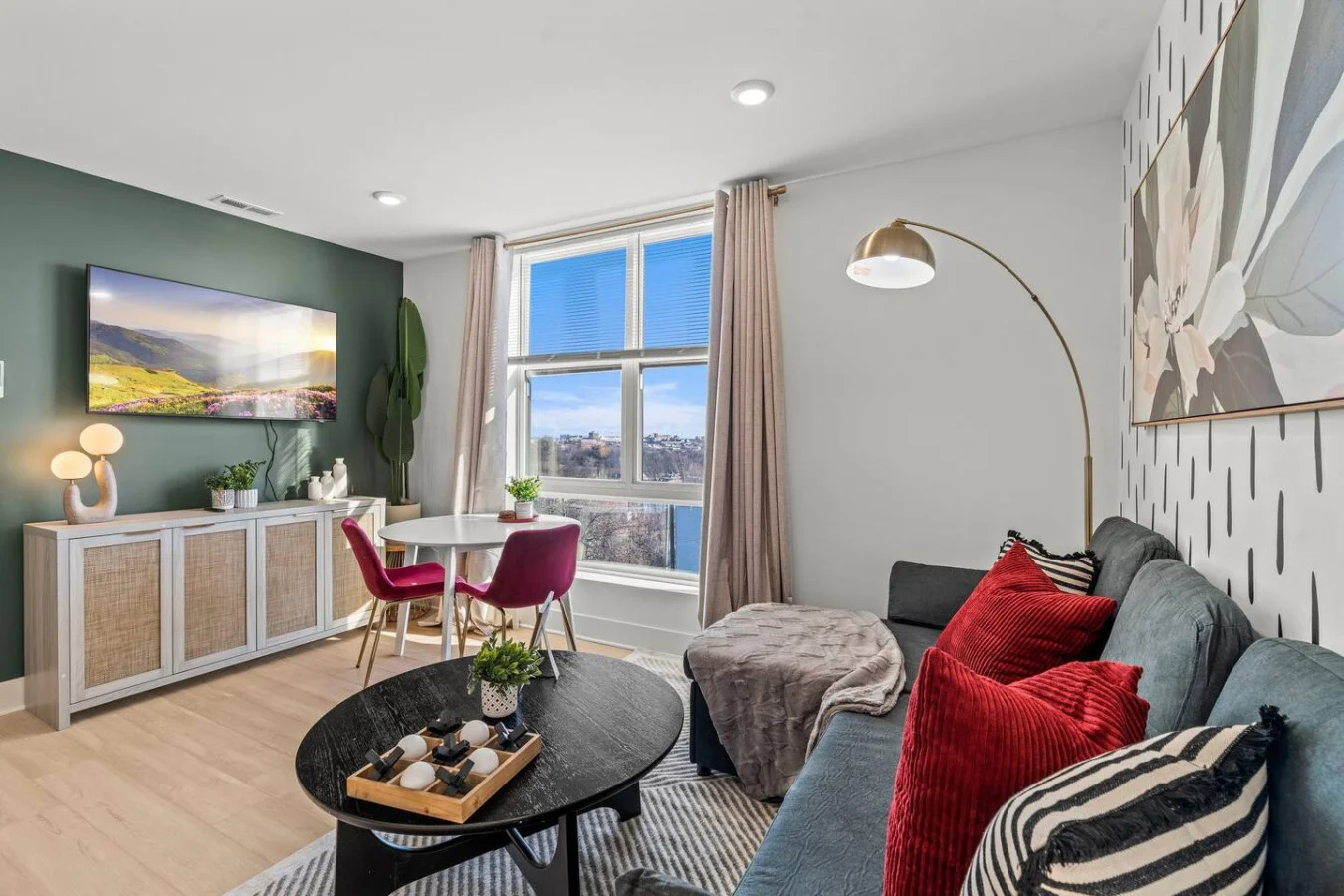 Relax in the living room and watch your favorite shows, lounging is a great way to unwind after a long day.