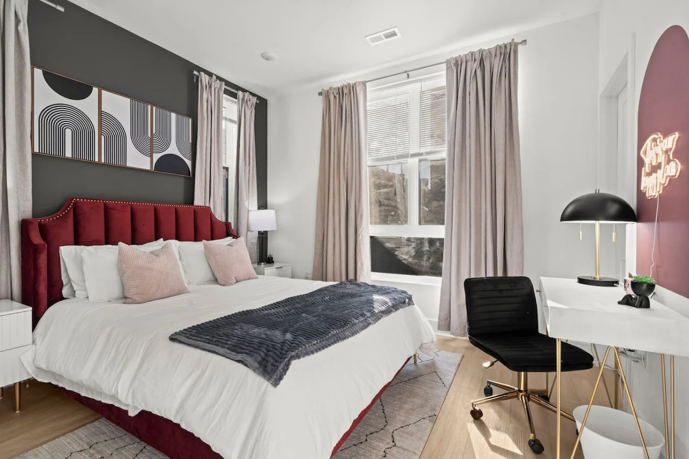 Luxe Bedroom with Queen Size Bed, Side Tables, Table Lamps, and Work Space. Ample Natural Lighting with Blinds & Blackout Curtains for a restful sleep