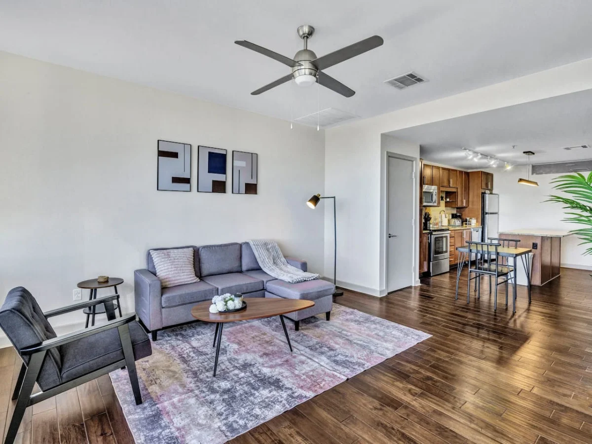 As you take a seat in the living room, the comfortable furniture and tasteful design make it easy to unwind.