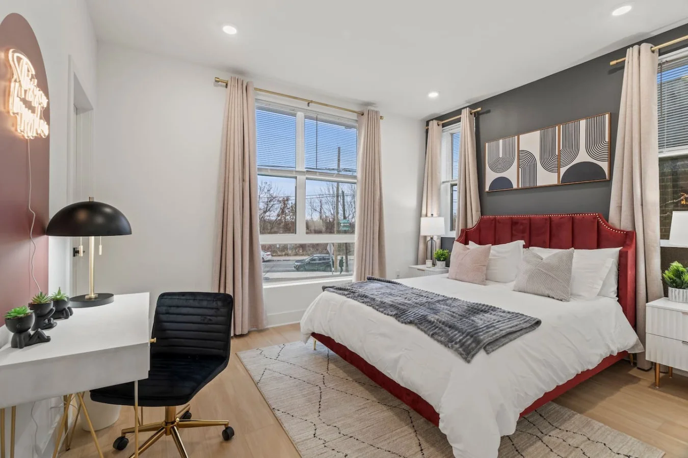 Luxurious Queen Bed with Side Tables & Night Lights. Blinds & Blackout Drapes to ensure a restful sleep. Work Desk with Table Lamp