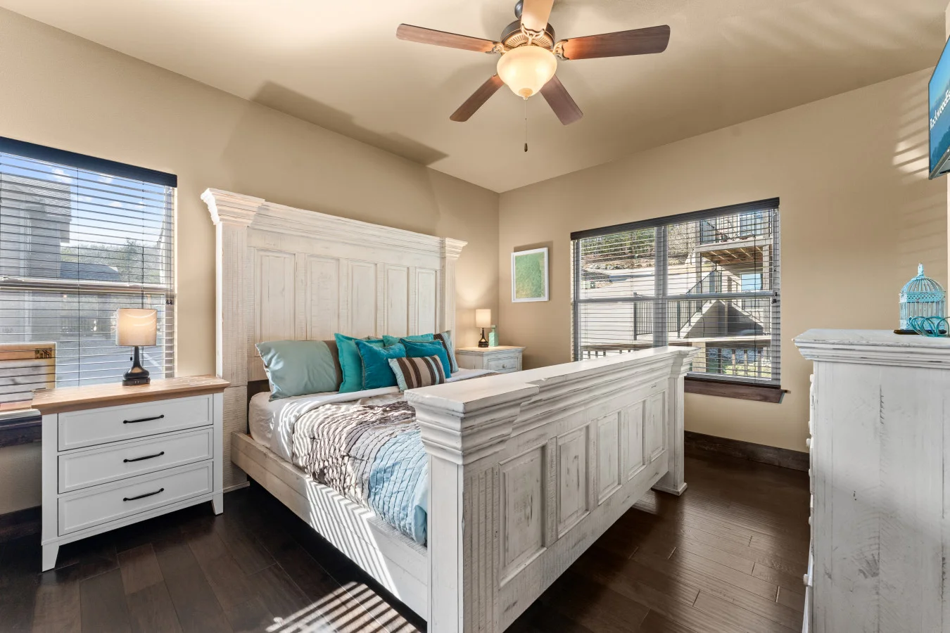 Rest and relax in this king bedroom, thoughtfully positioned on the main level. With wide clearances and an attached accessible bathroom, this suite ensures every guest enjoys total independence and comfort