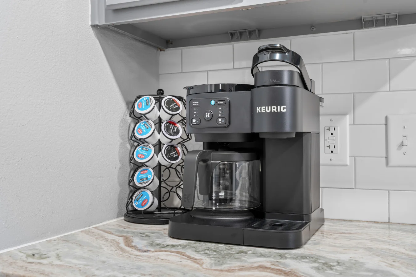 Start your morning your way. Our kitchen is equipped with a Keurig Duo, offering the convenience of single-serve K-cups for a quick caffeine fix or a full 12-cup carafe for a slow family breakfast. We’ve even supplied a starter set of K-cups to get you go