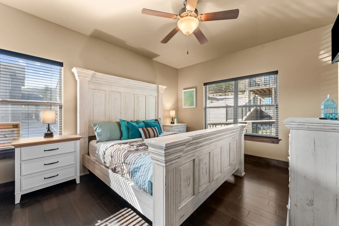 Rest and relax in this king bedroom, thoughtfully positioned on the main level. With wide clearances and an attached accessible bathroom, this suite ensures every guest enjoys total independence and comfort