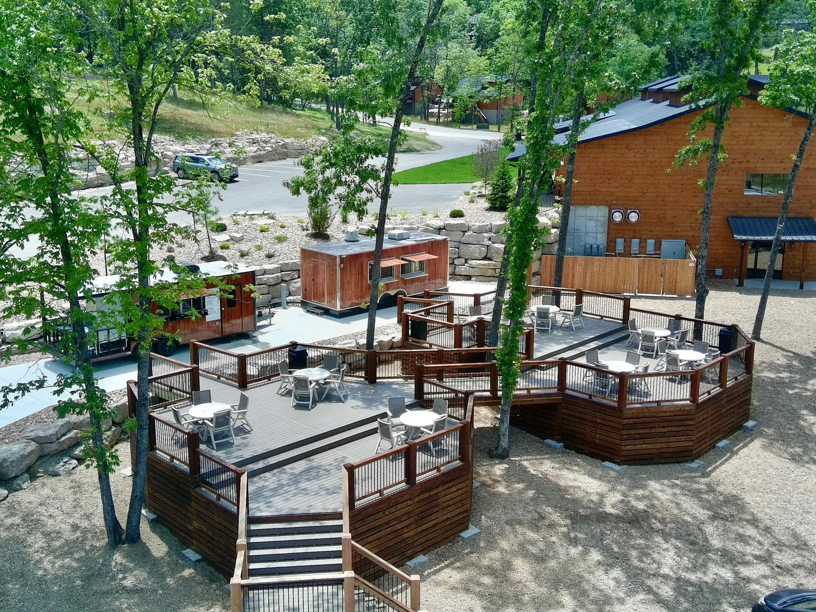 Beautiful outdoor eating area next to the pool and food trucks