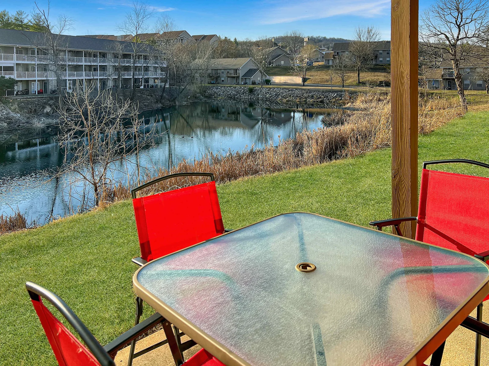 Outdoor patio overlooking the pond