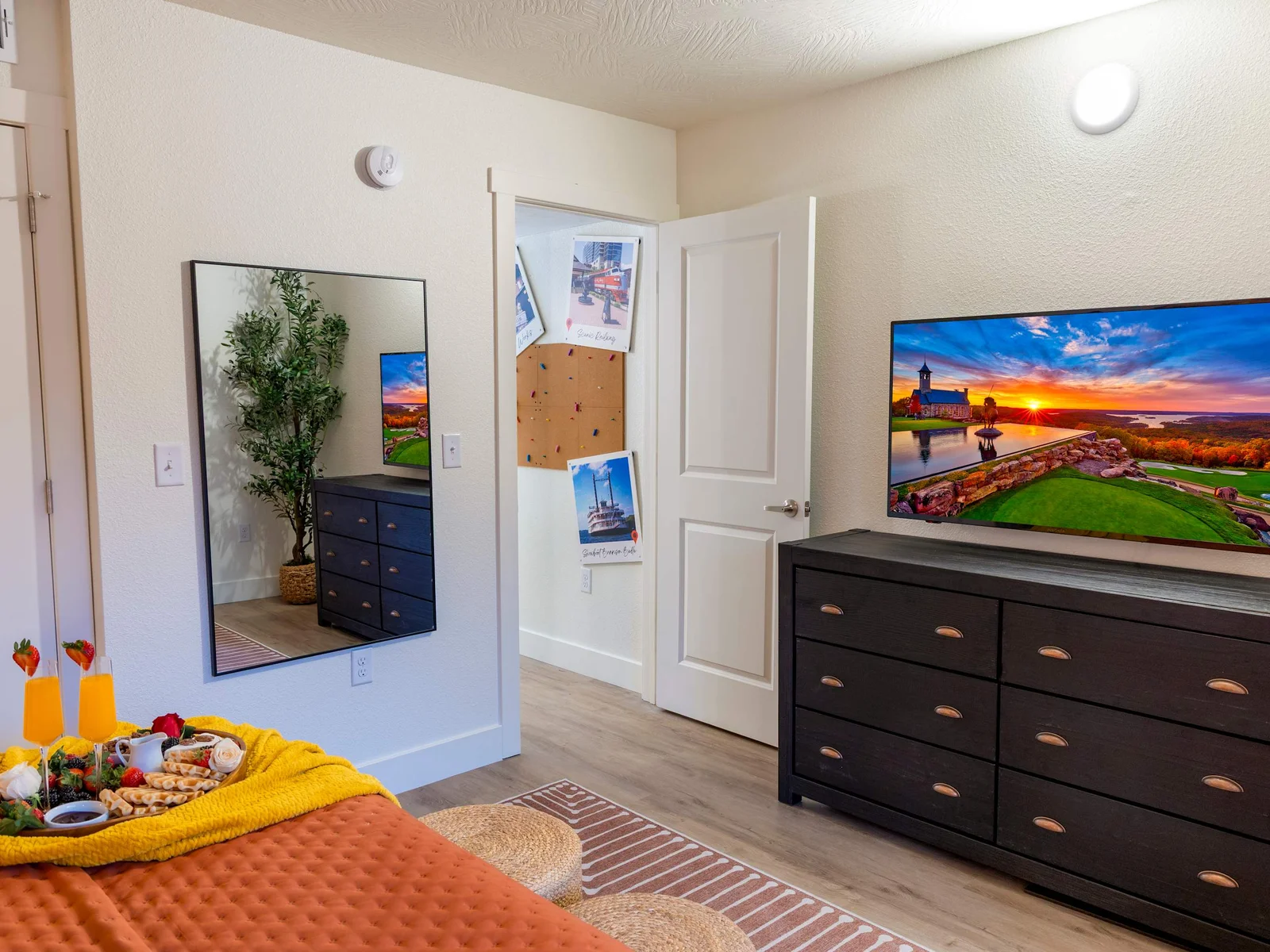 Take time to relax in bed and watch your favorite show on the large, flatscreen tv.