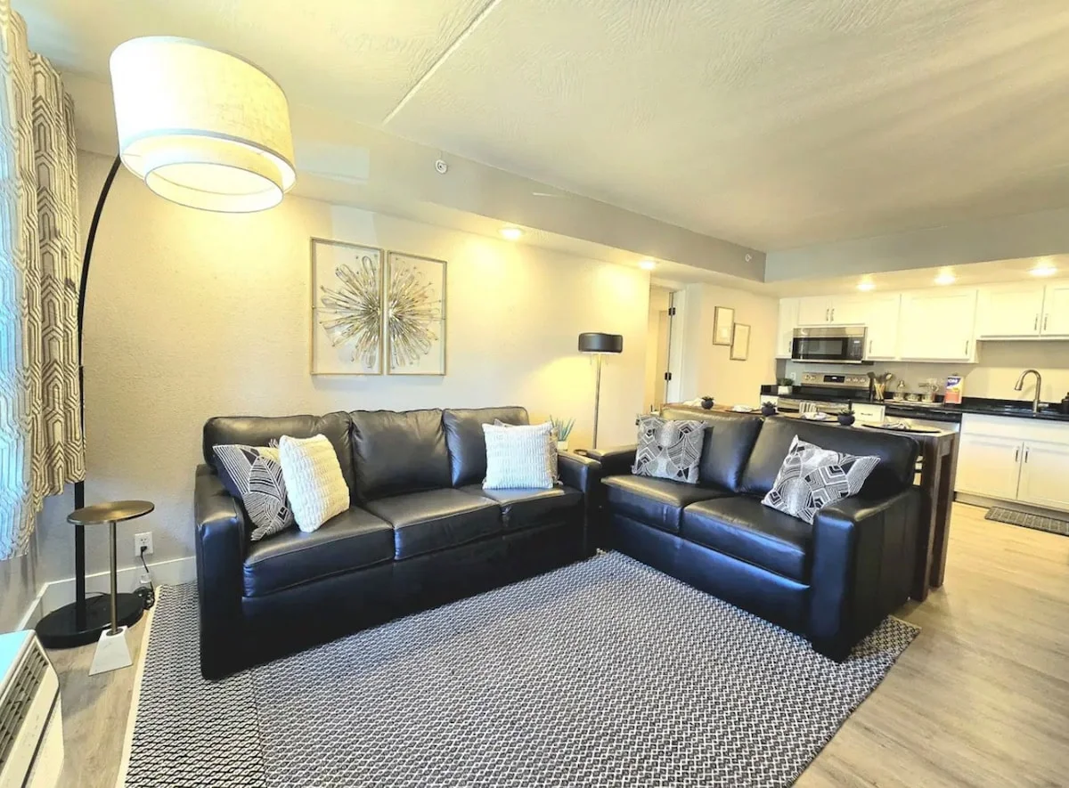 Elegant leather seating which converts to queen bed