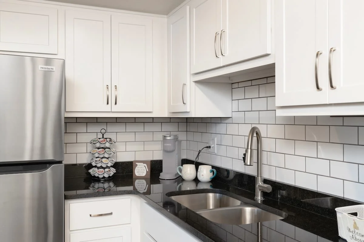 Grab your morning coffee from the coffee station with Keurig coffeemaker and coffee supplies.