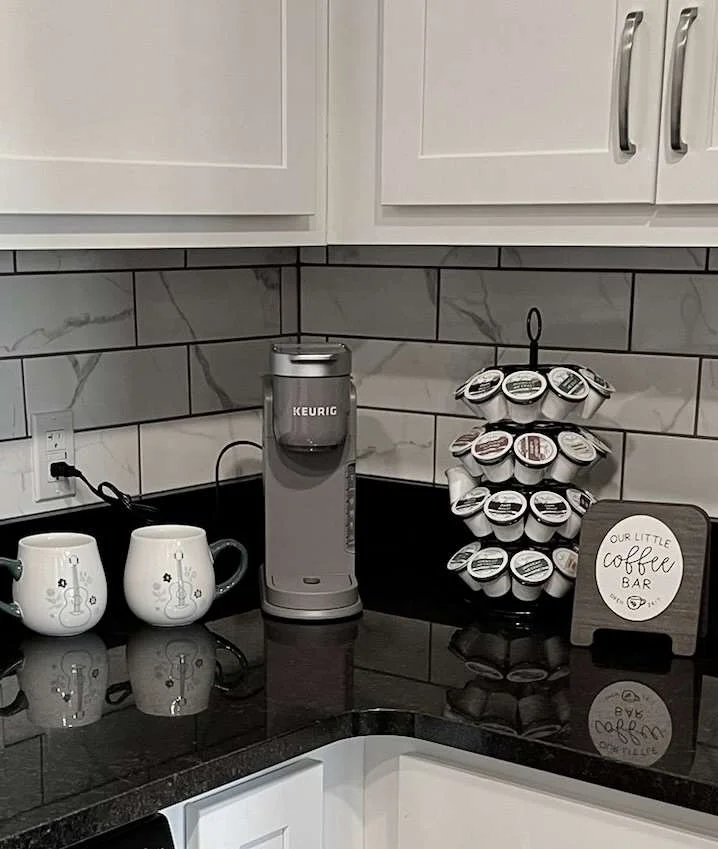 Our coffee bar has a keurig coffee maker and plenty of Kpods to get you started with a great morning cup of coffee.