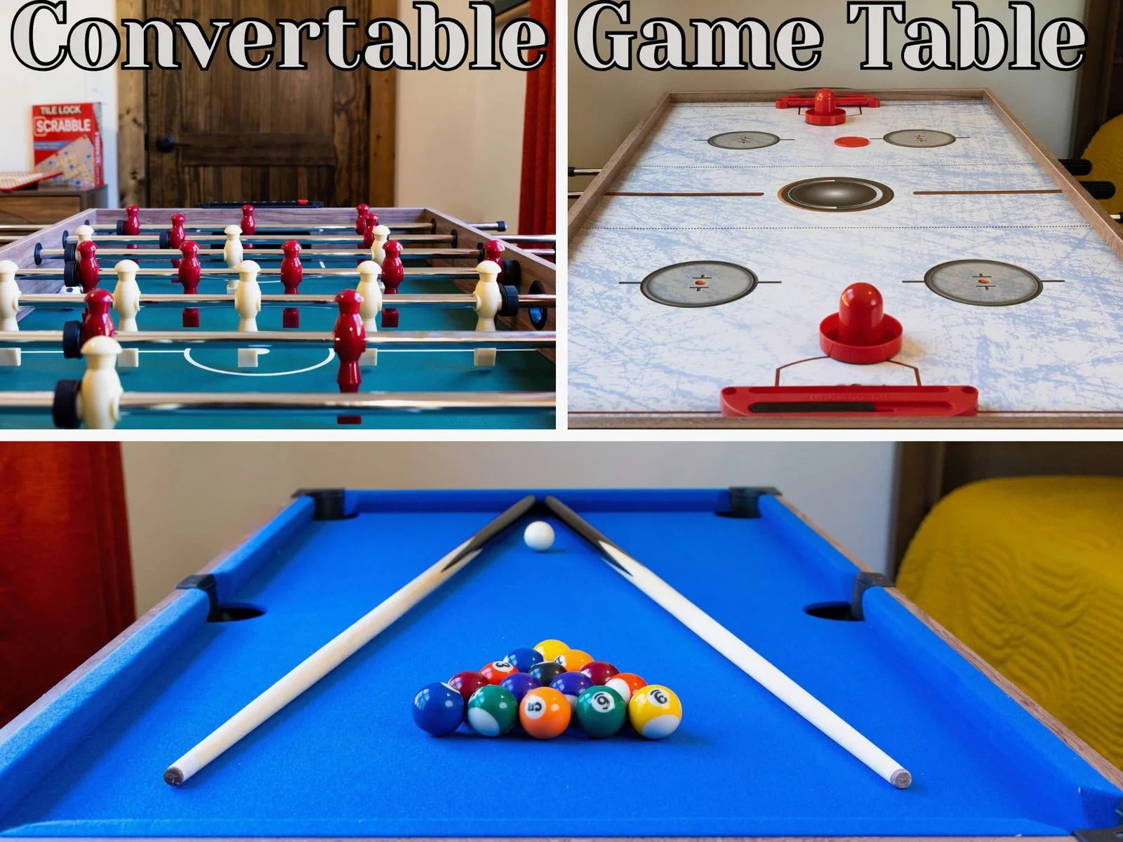 Guests can challenge each other at the multi-game table (which converts into a foosball table), enjoy a friendly match at the air hockey table, or test their skills on the pool table.
