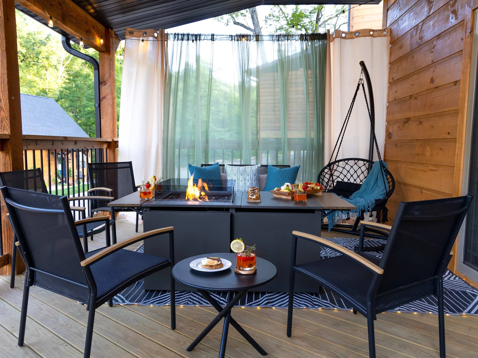 Unwind on the patio, where seating for six surrounds a crackling firepit—ideal for roasting s’mores, sipping cocktails, and swapping stories under the stars. An LED-lit outdoor rug adds the perfect touch of ambiance, turning every evening into a memo