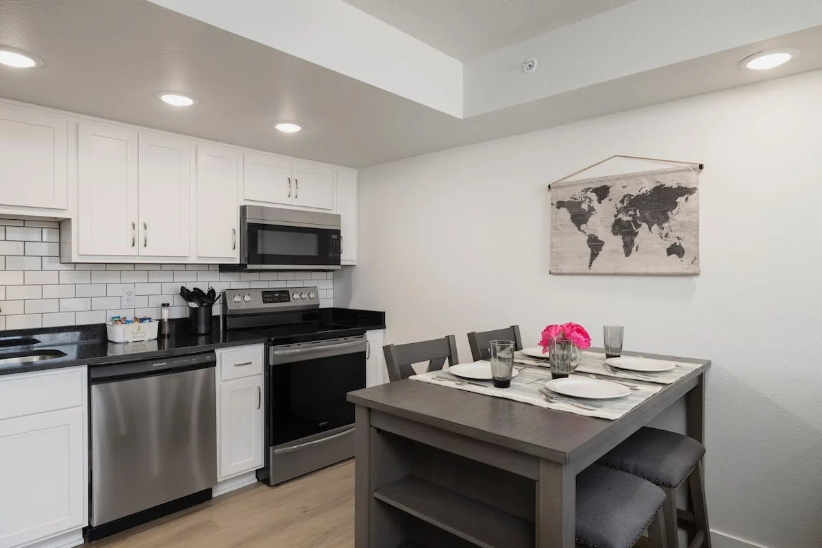 You’ll find plenty of prep space on the countertops, along with all the cookware, bakeware, dishware, flatware, glassware, serving-ware, and utensils you need to prepare and serve your favorite meals.