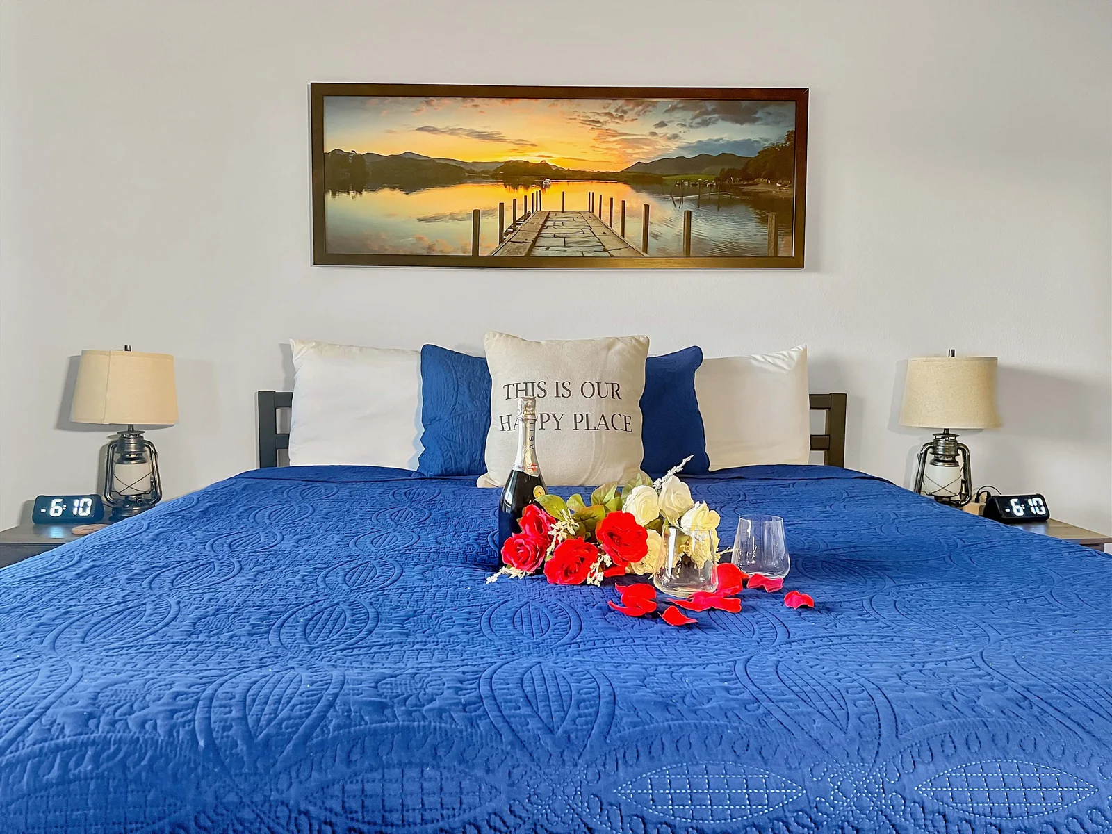 King bed ready for a comfy nights rest or a romantic evening with that special person in your life.
