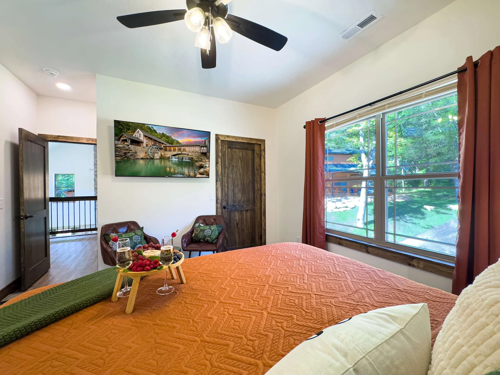 Sink into plush bedding after a day of lakeside hikes or theatre nights, and enjoy your favorite show while enjoying the peace that only a luxury mountain cabin can offer.