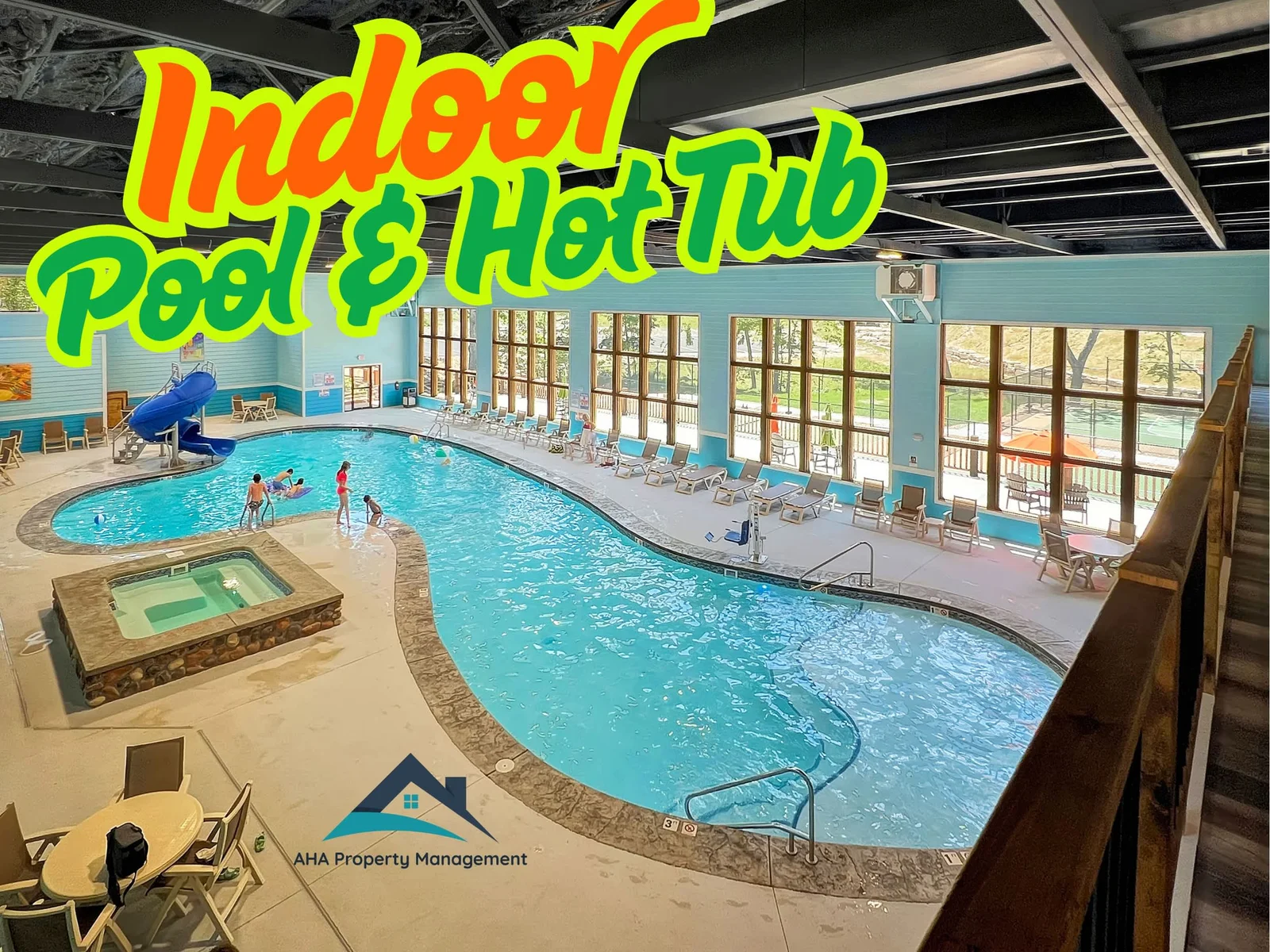 One of the most stunning indoor amenity centers in the Branson area. Beautiful indoor pool with slide and amazing views. Enjoy relaxing in the hot tub or snuggling up on comfy furniture and reading a book. Handicap hoist and parking.