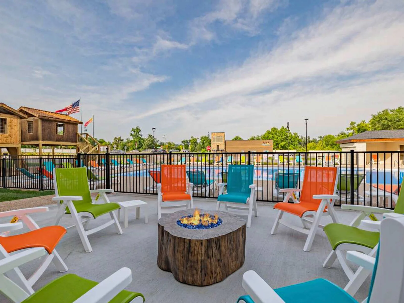 Firepit with lounge chairs for a relaxing evening around the fire with family and new friends.