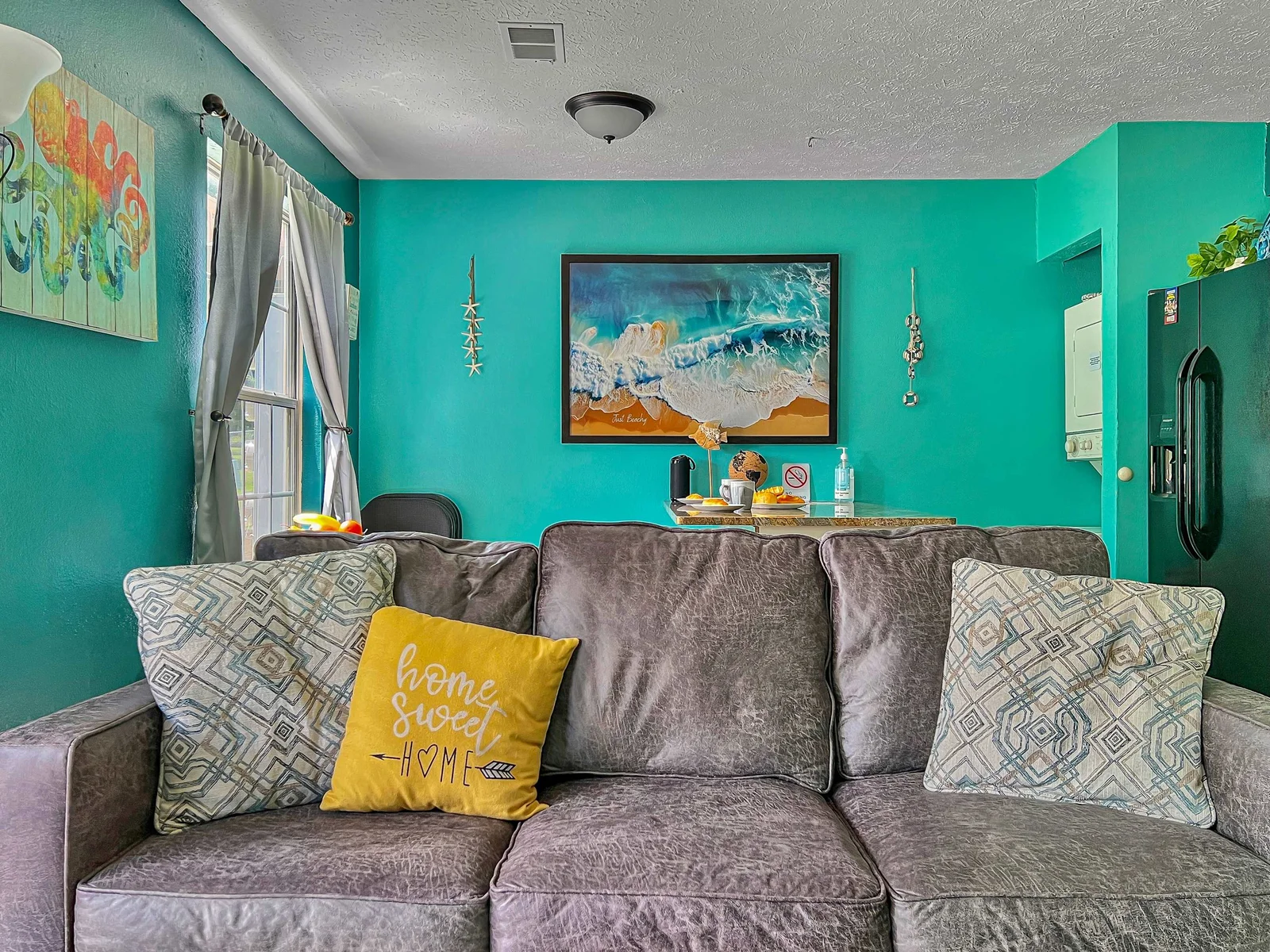 Enjoy time watching smart TV or playing games in the living area. Couch makes into a queen sofa sleeper