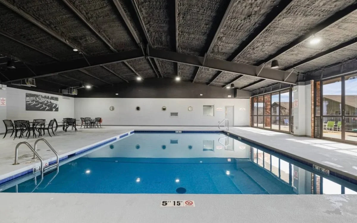 Beautiful temperature controlled pool, showers and a workout facility