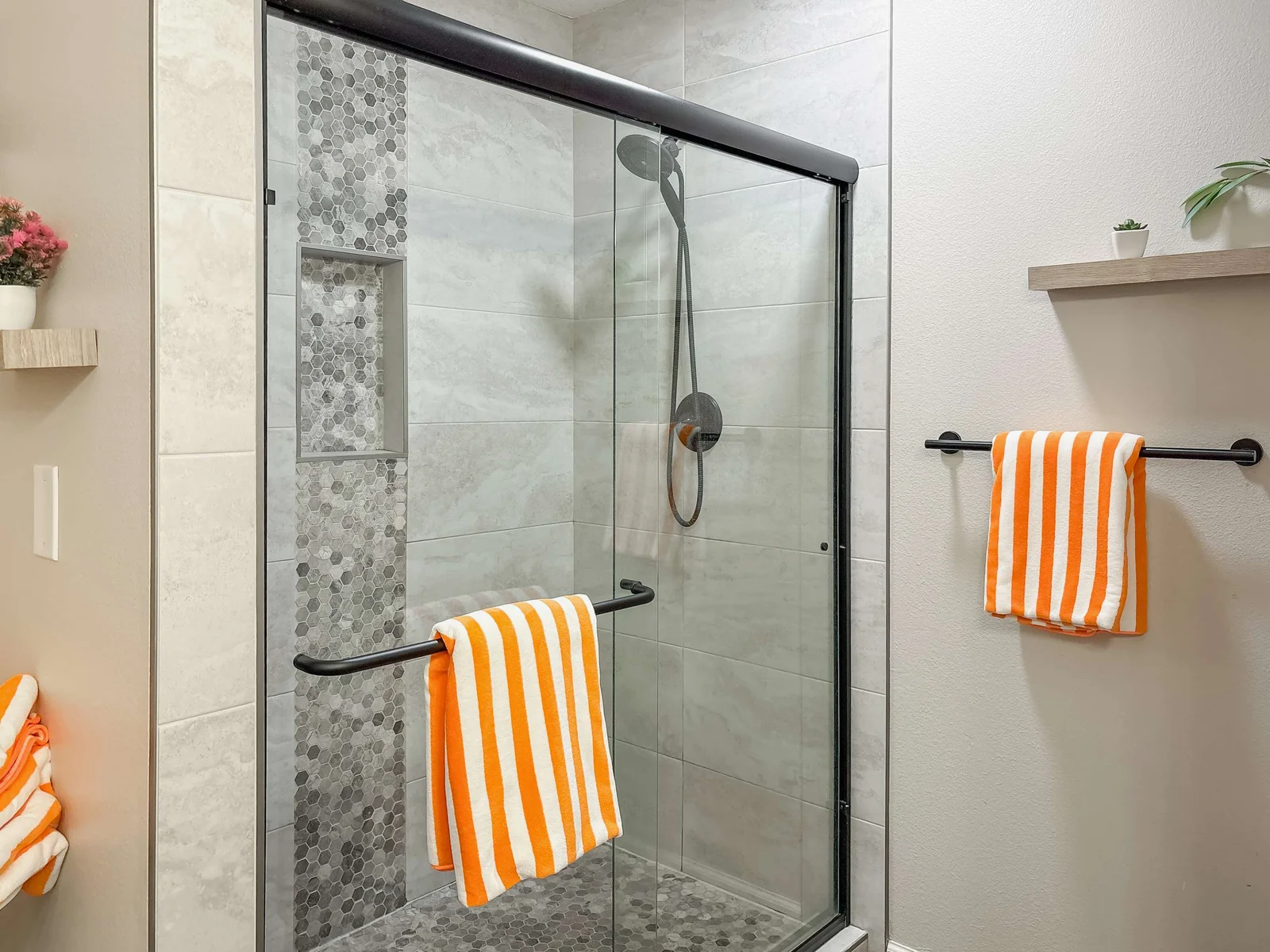 It has a beautiful walk in shower