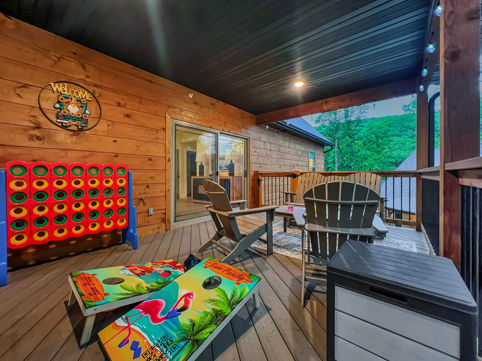 Awesome giant 1/2 covered deck with outdoor furniture, giant games, corn hole, gas grill, beautiful views and so much more.